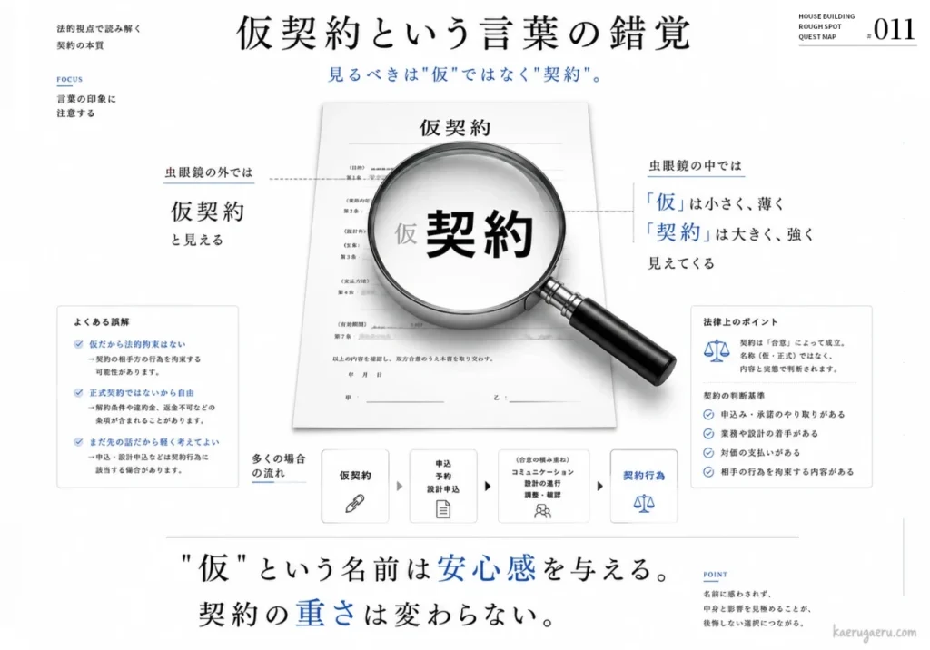 「仮契約」という言葉の錯覚を解説する図。虫眼鏡で「契約」の文字を強調し、名称に関わらず法的拘束力があることや、契約の判断基準、よくある誤解を説明しています。
