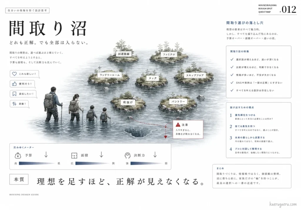 間取り沼：理想を足すほど正解が見えなくなる。家づくりで理想を詰め込みすぎて迷走する状態を解説し、優先順位や捨てる勇気など、沼から抜け出すための4つの視点を提案するインフォグラフィック。