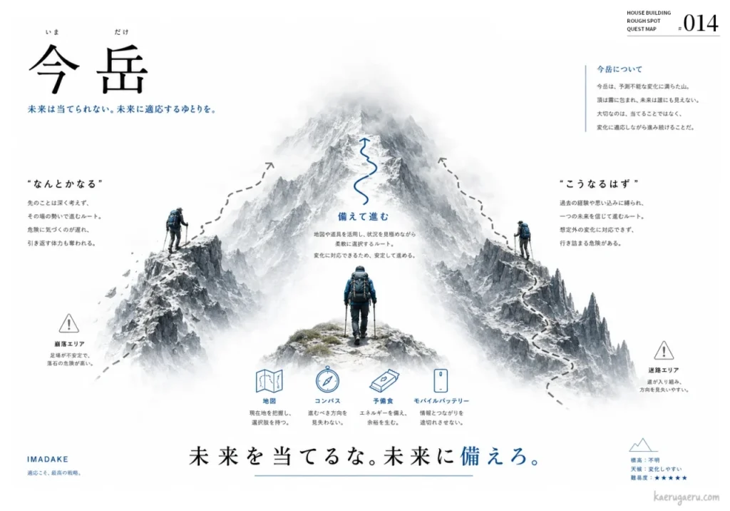 未来を当てるのではなく備えて進む大切さを説く図解。無計画や思い込みのルートに対し、地図等の道具で備えるルートの安定性を示し、「未来を当てるな。未来に備えろ。」というメッセージを伝えている。