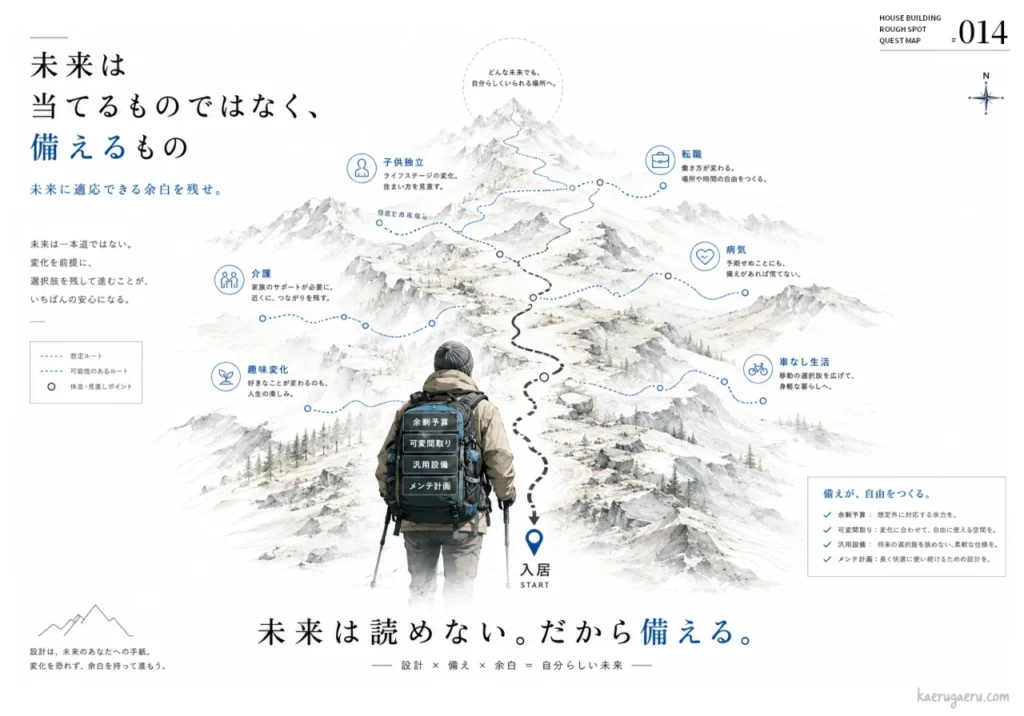 「未来は当てるものではなく、備えるもの」という言葉と共に、人生の転機を山道に例えたイラスト。将来の変化（転職や介護等）に備えて、家づくりに余白（予算や可変間取り等）を持たせることの重要性を説明しています。