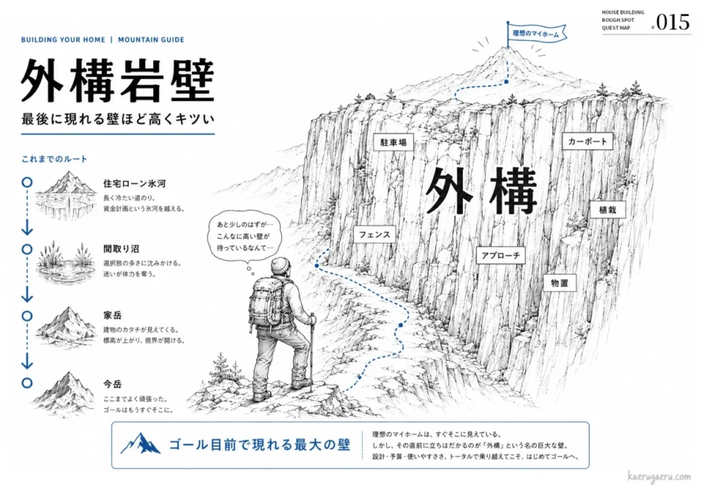 家づくりの終盤に立ちはだかる「外構」の壁を登山に例えた図解。住宅ローンや間取りなどの工程を越えた先に、駐車場やフェンスなどの外構工事が巨大な岩壁として描かれ、ゴール直前の大きな試練であることを示しています。