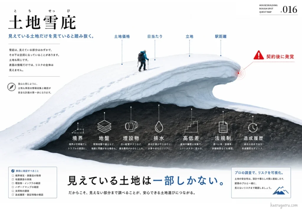 土地選びを雪庇に例え、価格や立地などの表面的な情報だけでなく、地盤や法規制といった見えないリスクを事前に調査する重要性を伝えるインフォグラフィック。