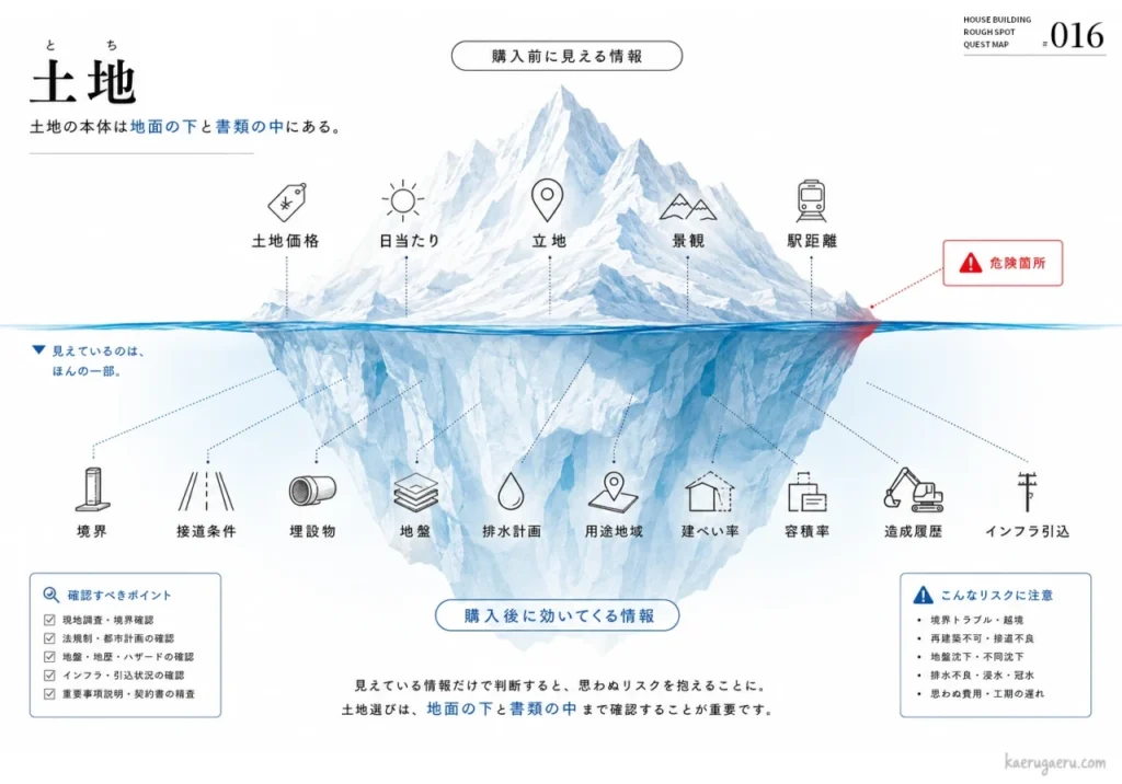 土地購入の情報を氷山に例えた図。海面上には価格や立地など購入前に見える情報、海面下には境界、地盤、法規制など購入後に重要となる隠れた情報が描かれています。