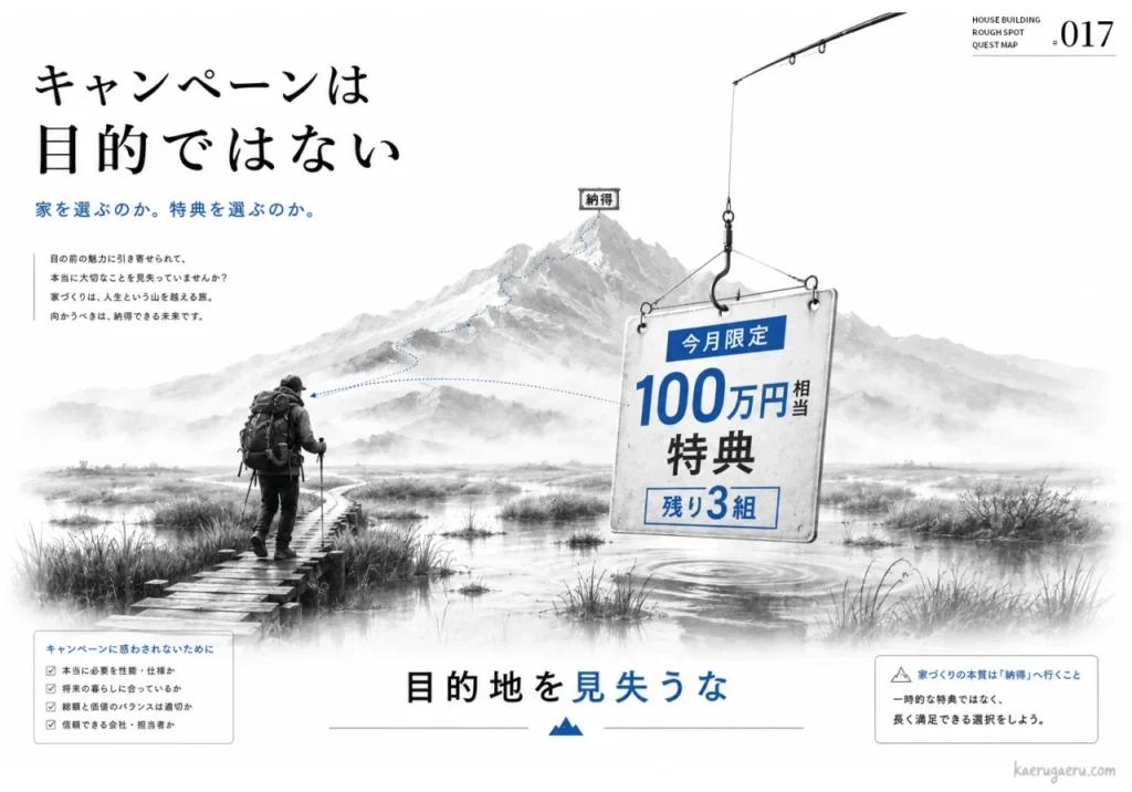 「キャンペーンは目的ではない。目的地を見失うな。」という言葉と共に、釣り針に吊るされた特典の看板に惑わされず、山の頂上にある「納得」を目指す登山者の姿を描いた、家づくりの本質を説くグラフィック。