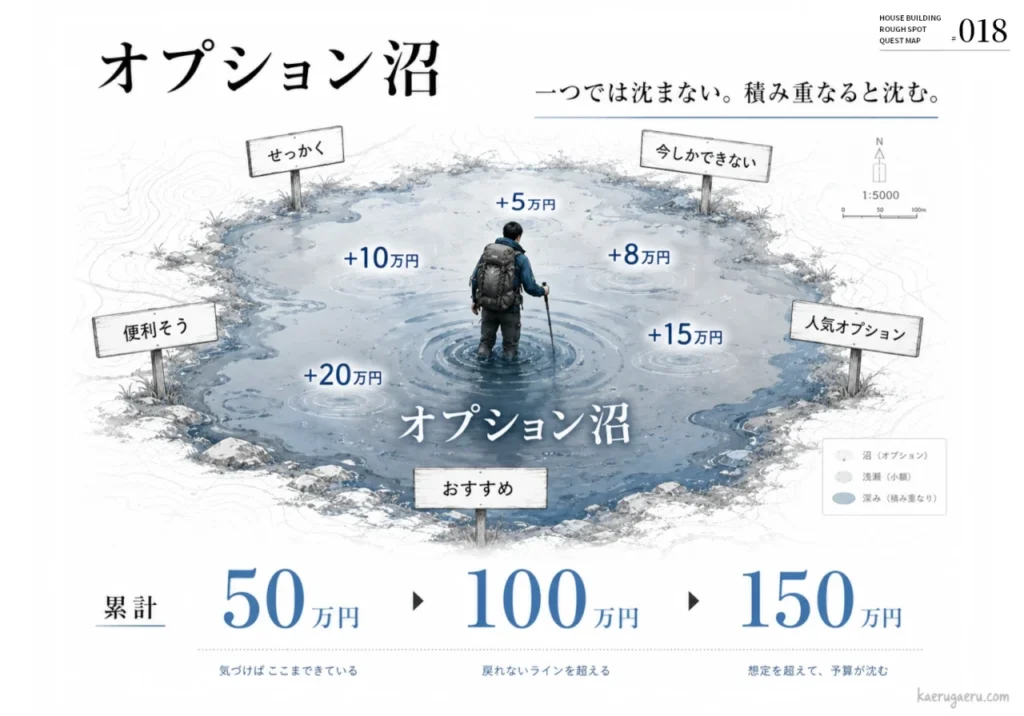 家づくりの「オプション沼」の解説図。少額のオプションが積み重なり、累計額が50万、100万、150万と増えて予算が沈んでいく様子を、沼に足を取られる登山者に例えて表現しています。