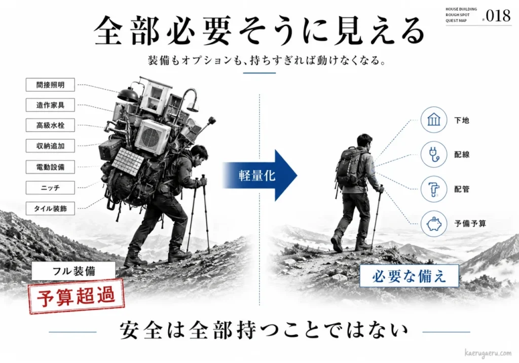 「全部必要そうに見える」という見出しで、家づくりの設備を盛り込みすぎて予算超過で苦しむ姿と、下地や配線など「必要な備え」に絞って軽量化し軽快に進む姿を対比させ、安全は全部持つことではないと説く、登山をモチーフにした図解。