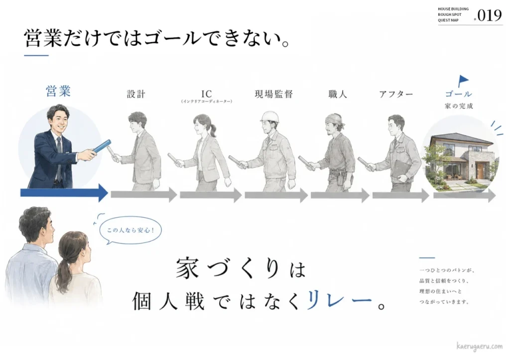 「家づくりは個人戦ではなくリレー」というメッセージと共に、営業、設計、IC、現場監督、職人、アフターがバトンを繋いで家の完成を目指す様子を描いた図解。