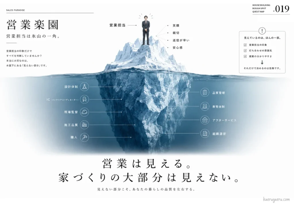 「営業担当は氷山の一角」という見出しで、目に見える営業の印象よりも、水面下にある設計体制や施工品質、アフターサービスといった「見えない部分」こそが家づくりにおいて重要であることを示すインフォグラフィック。