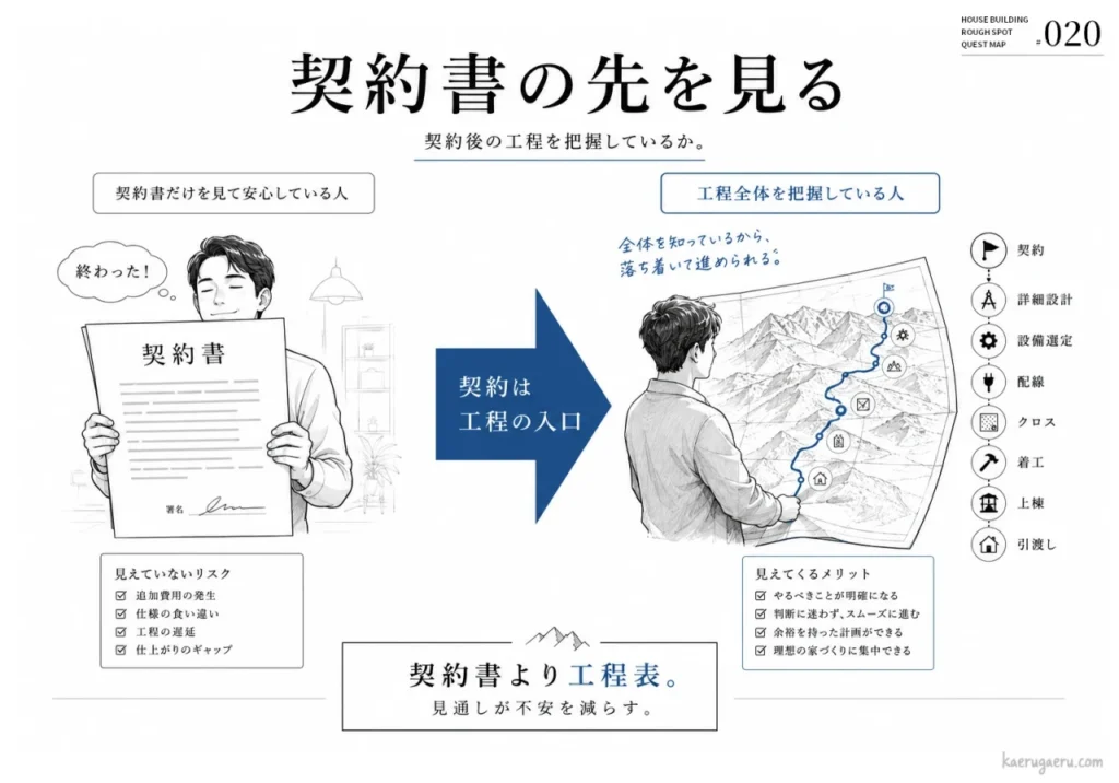 「契約書の先を見る」というタイトルで、契約をゴールと捉える人と工程全体を把握する人を比較した図。契約後のリスクと工程把握のメリットを対比し、契約は工程の入口に過ぎず、全体の見通しを持つことが不安を減らすと説明しています。