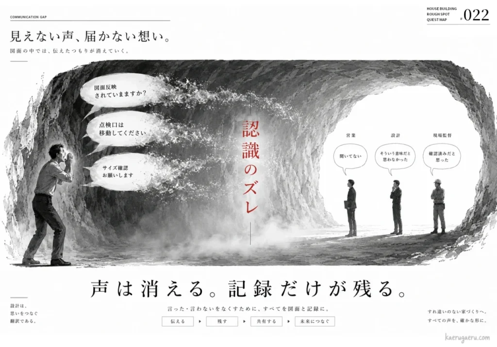 施主の要望が霧散して担当者に届かず認識のズレが生じる様子を描いたイラスト。声は消える。記録だけが残る。というコピーで、言った言わないを防ぐために全てを図面と記録に残す重要性を伝えています。