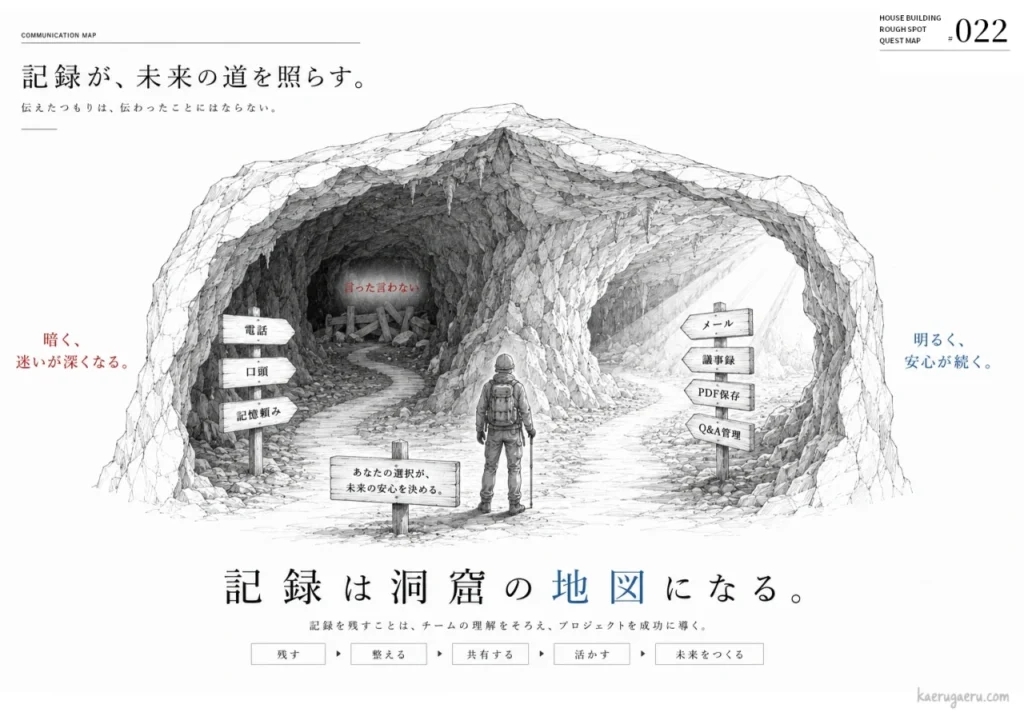記録は洞窟の地図になる。電話や口頭などの記録のない暗い道と、メールや議事録などの記録を残す明るい道の分かれ道を描いたイラスト。記録を残すことが安心と成功に繋がることを表現しています。