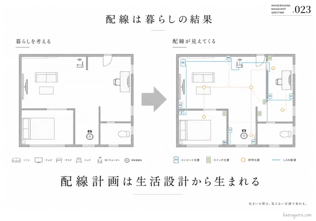 家具配置に基づいた配線計画の重要性を示す図。左に家具を配置した間取り、右にそれに対応するコンセントやスイッチの配線図を並べて比較し、生活設計から配線計画が生まれることを説明しています。