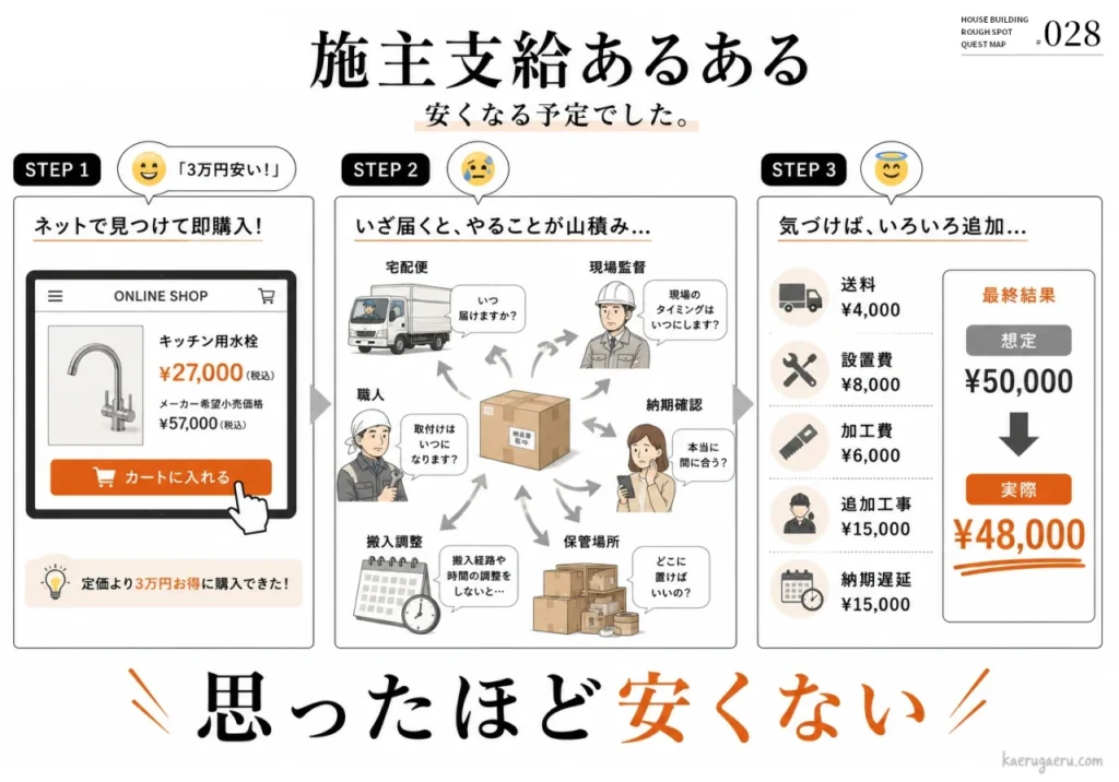 施主支給あるある：ネットで安く買っても、配送調整の手間や追加の設置・加工費用などがかさみ、結局思ったほど安くならないことを示す3ステップの図解。