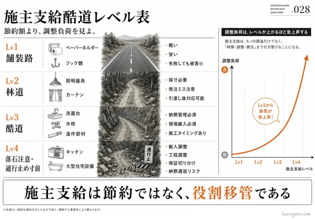 施主支給酷道レベル表。施主支給は節約ではなく役割移管であるとし、Lv1（ペーパーホルダー等）からLv4（キッチン等）まで、レベルが上がるほど調整負荷やリスクが指数関数的に増大することを示す図解。