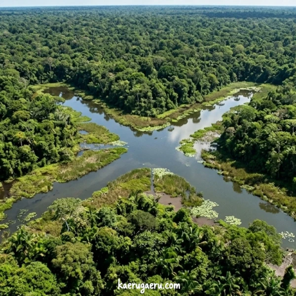 密林の中に、水面が大きな「X」の形に見える沼がある空撮。