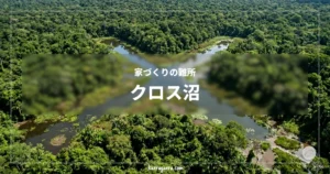 家づくりの難所 クロス沼。密林の中に、水面が大きな「X」の形に見える沼がある空撮。
