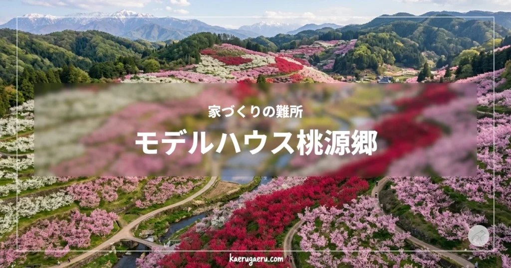 家づくりの難所 モデルハウス桃源郷。色とりどりの花が咲き誇る山あいの風景。
