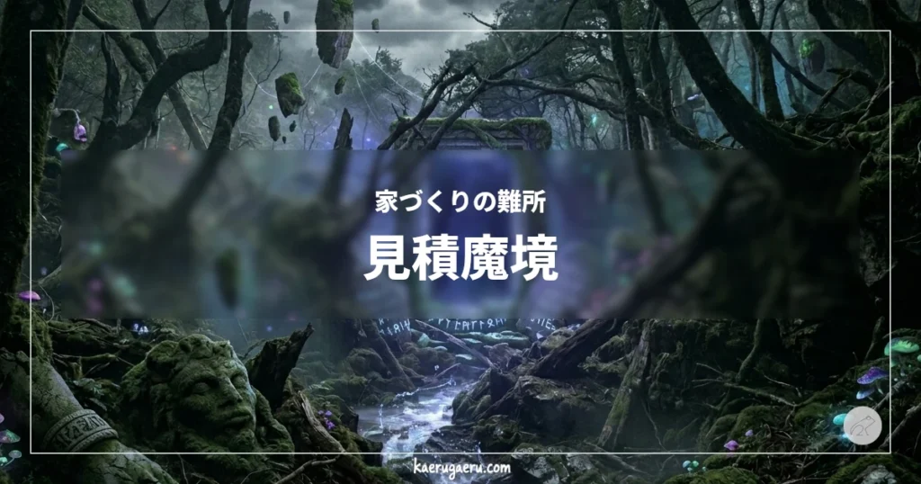 家づくりの難所 見積魔境。幻想的な森の背景。