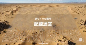 家づくりの難所 配線迷宮。砂漠の上に白い電源コードとプラグで描かれた、巨大で複雑な迷路のような幾何学模様。