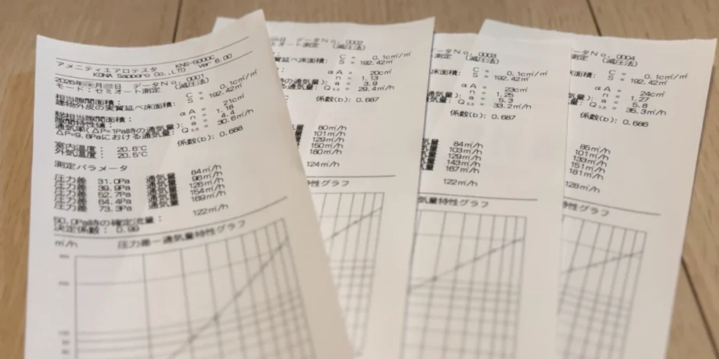 C値0.1㎠/㎡という測定結果が印字された、複数枚の気密測定結果レシート。