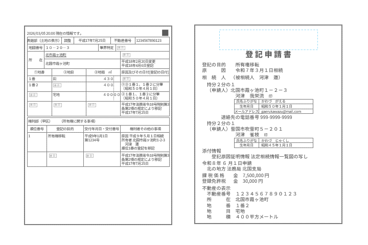 相続による所有権移転登記を例とした、不動産の登記事項証明書(左)と登記申請書(右)の記入例。不動産番号や所在などの記載事項が対応しています。