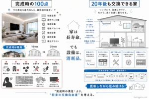 注文住宅の完成時の満足度と将来の交換自由度を比較した図解。左側は全館空調や造作テレビ壁などの最新・専用設備を備えた「完成時の100点」の住まいが、10〜20年後に廃盤、メーカー撤退、高額工事などのリスクに直面する様子を描く。右側は、エアコン、引っ掛けシーリング、汎用品などの「20年後も交換できる家」として、設備を更新しながら暮らしに合わせて住み続ける理想のサイクルを描いている。下部には「“完成時の満足”より、“将来の交換自由度”を考える」というキャッチコピー。