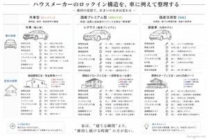 ハウスメーカーのロックイン構造（維持の思想）を車のクラスに例えて比較した解説図。①外車型（独自開発工法・完全専用パーツ。独自パネル、鉄骨ユニット、自社製オリジナル設備など）、②国産プレミアム型（規格化クローズド工法・一部専用ルール縛りと流通系住設の組み合わせ。制約のある規格工法、特殊通気・換気など）、③国産汎用型（標準化オープン工法・100％汎用パーツ。オープンな在来工法、流通系住設など）の3つに分類。修理自由度、部品入手性、メンテナンス先、将来の自由度などの項目をレーダーチャート風の3段階評価で比較し、「家は建てる瞬間より、維持し続ける時間の方が長い」というメッセージと共に、将来のメンテナンス性やロックインのリスクを見極めるための判断基準を提示している図解。
