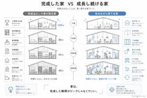 「完成した家 VS 成長し続ける家」をテーマに、家づくりの思想による20年後の暮らしの変化を対比した図。左側の「完成品として受け取る家（減点方式）」では、入居時の100点をピークに、造作棚の固定や仕様確定、変更困難な構造により、5年、10年、20年と時間が経つにつれてライフスタイルに合わなくなり40点まで価値が目減りしていく様子を描写。右側の「住みながら育てる家（加点方式）」では、空洞収納や下地補強、DIY余白、後付け前提の設計により、暮らしの変化に合わせて柔軟に可変・アップデートし、時間とともに価値が育っていく様子をイラストで対比。「家は、完成した瞬間がピークじゃなくていい。」という住まいの柔軟性の思想を提示している。
