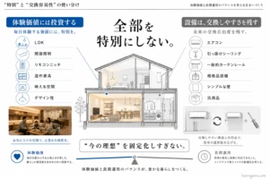家づくりにおける「特別」と「交換容易性」の使い分けを天秤（スライダー）のイラストで表現した２階建ての住宅断面図。毎日体験する価値（LDK、間接照明、リモコンニッチ、造作家具など）には投資して「体験価値」を高める一方、将来の変化に柔軟に対応する部分（エアコン、引っ掛けシーリング、一般的カーテンレール、汎用品など）はシンプルにして「長期運用」の交換しやすさを残す。中央には「全部を特別にしない。 “今の理想”を固定化しすぎない。」というキャッチコピー。