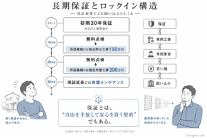 ハウスメーカーの「初期保証」の裏にあるコスト構造を解説した図。「初期保証30年（実質サブスク）」というタイトルのもと、10年目の無料点検後に指定防水工事（150万円）、20年目の無料点検後に指定外壁工事（200万円）、30年目の無料点検後に設備更新（＋α）という有償メンテナンス工事がタイムライン形式で並び、30年間で総額数百万円規模の維持費が積み上がる仕組みを可視化。営業マンの「30年保証だから安心」というトークに対して、実際は他社を排除して言い値の専用工事を続けさせる「囲い込み（ロックイン構造）」であることを解説している。