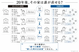 「20年後、その家は誰が直せる？」をテーマに、ハウスメーカーのロックイン住宅（独自工法）と汎用住宅（在来工法）の未来の自由度を対比した図。左側の「ロックイン住宅」では、10年後、20年後、30年後と時間が経つにつれて家が傷んでも、地元の工務店、リフォーム会社、職人、DIYのすべてから「そのメーカーでしか対応できません」と修理を断られ、孤立無援になるプロセスを表現。右側の「汎用住宅」では、JIS規格や汎用品、オープンな在来工法により、20年後も「どこでも直せる」と周囲の業者や大工、DIYを含めて笑顔で味方が集まる様子を対比。「家の価値は、“建てた瞬間”ではなく、“困った時の自由度”で決まる。」という本質的なメッセージを提示している。