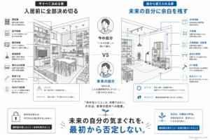 「入居前に全部決め切る家 VS 未来の自分に余白を残す家」をテーマに、設計段階の意思決定がもたらす将来の自由度を対比した図。左側の「今すべて決める家」では、固定棚、造作収納、専用照明、埋め込み設備など、統一感はあるが後からの変更コストが高いリスクを指摘。右側の「後から変えられる家」では、空洞収納、可変棚、汎用配管・空配管、DIY前提の設計により、未来の自分の気まぐれやライフスタイルの変化を否定しない設計思想を提示。「選択肢を残すこと＝未来を豊かにすること」というメッセージを伝えている。