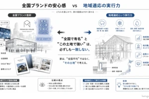 全国ブランドと地域適応の実行力の比較図。知名度や均一な品質を売りにする全国ブランドに対し、地域密着型は気候適応や地元職人、長期メンテなど「その土地での強さ」が特徴。家は全国平均ではなくその土地に合わせて考えるべきという結論を提示している。