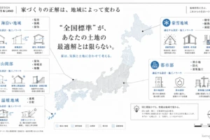 地域（海沿い、豪雪、山間部、都市部、温暖）ごとの気候や土地の特性に合わせた家づくりの重要性を説く図解。「全国標準が最適解とは限らない」とし、各地域の課題とそれに応じた設計・施工ノウハウを紹介しています。