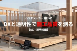 建築途中の木造住宅の基礎と柱の構造。その中央に、デジタルと透明性を象徴する巨大な黒い「DX」の文字が立体オブジェクトとして鎮座し、ガラスの立方体に囲まれている。手前には黒いツールボックスが置かれている。「ハウスメーカー選び #5 DXと透明性で施工品質を測る【DX・透明性編】」の文字タイトル入り。