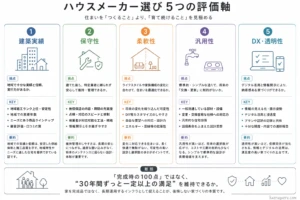 ハウスメーカー選びを客観的に比較するための「5つの評価軸（建築実績、保守性、柔軟性、汎用性、DX・透明性）」をまとめた一覧図。 ①建築実績：地域特性や需要を理解し安定した品質で供給できているか。 ②保守性：特定のハウスメーカーへ依存（ロックイン）せず、将来的に他業者でも自由に安価にメンテナンスできるか。 ③柔軟性：子ども部屋の間仕切りや将来のDIYなど、ライフステージの変化に柔軟に対応できる「空間の余白」があるか。 ④汎用性：一括管理システムや専用規格に依存せず、設備寿命を見据えて市場の汎用設備を柔軟に採用・交換できるか。 ⑤DX・透明性：現場へのDX浸透や工事プラン・データ開示により、施工品質の可視化と施主との信頼関係が担保されているか。 下部には、完成時の100点ではなく30年間ずっと一定以上の満足を維持できる、人生のインフラ創りのパートナーを見つけようという総括文。