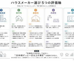 ハウスメーカー選びを客観的に比較するための「5つの評価軸（建築実績、保守性、柔軟性、汎用性、DX・透明性）」をまとめた一覧図。 ①建築実績：地域特性や需要を理解し安定した品質で供給できているか。 ②保守性：特定のハウスメーカーへ依存（ロックイン）せず、将来的に他業者でも自由に安価にメンテナンスできるか。 ③柔軟性：子ども部屋の間仕切りや将来のDIYなど、ライフステージの変化に柔軟に対応できる「空間の余白」があるか。 ④汎用性：一括管理システムや専用規格に依存せず、設備寿命を見据えて市場の汎用設備を柔軟に採用・交換できるか。 ⑤DX・透明性：現場へのDX浸透や工事プラン・データ開示により、施工品質の可視化と施主との信頼関係が担保されているか。 下部には、完成時の100点ではなく30年間ずっと一定以上の満足を維持できる、人生のインフラ創りのパートナーを見つけようという総括文。