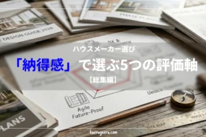 デスクの上に整然と並べられた「HOME DESIGN GUIDE 2026」や「PHASE PLANS」といった住宅設計のパンフレットや資料。中央には「ハウスメーカー選び 『納得感』で選ぶ5つの評価軸【総集編】」という文字タイトルが透過帯に配置され、その奥に手書きのレーダーチャートや「Unlock」、「Future-Proof」といったメモ、そして方位磁針と木製の定規が置かれている。家づくりの戦略的な比較検討を象徴するスタイリッシュな作業風景。
