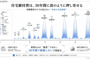 住宅維持費が30年間にわたり波のように発生することを表す図。点検、設備交換、リフォームなどの支出が時期ごとに可視化されており、初期費用だけでなく長期的な予算配分の重要性を伝えています。