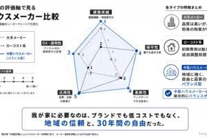 ハウスメーカー選びにおいて「大手・中堅・ローコスト」3タイプの特性を5つの評価軸で比較したレーダーチャート図。 ※あくまで筆者の選定検討していたハウスメーカーが対象 評価軸ごとの特徴は以下の通り。 ①施工の安心感：大手（5点・最高）、中堅（4点・高）、ローコスト（2点・低）。 ②誰でも直せる家：中堅（5点・最高）、ローコスト（4点・高）、大手（1点・最低）。 ③アップデートできる住まい：中堅（4点・高）、ローコスト（3点・並）、大手（2点・低）。 ④変更・交換の容易さ：中堅（5点・最高）、ローコスト（5点・最高）、大手（1点・最低）。 ⑤品質を担保する仕組み：ローコスト（1点・最低）、大手（3点・並）、中堅（2点〜3点・発展途上）。 結論として、大手は新築時の安心感は高いが将来の縛りが強く、ローコストは価格は安いが品質の仕組みに不安があるのに対し、中堅メーカーは「30年間の自由と品質のバランス」が最も優れていたことを示している。