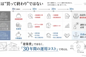 大手・ローコスト・中堅ハウスメーカーの30年間の運用コストと自由度を比較した図解。「家は買って終わりではない」という見出しで、建築費だけでなく将来のメンテナンス性や制約を考慮する重要性を伝えています。