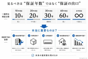 見るべきは保証年数ではなく「保証の出口」であるとし、保証終了後に他社修理が可能か、専用部材に依存していないか、汎用設備か、地域業者が対応できるか、価格競争ができるかという5つの視点で、未来の選択肢を残せるかを確認する重要性を説く図。