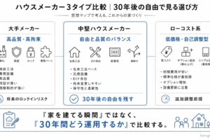 ハウスメーカー選びにおける「大手メーカー」「中堅メーカー（地元の雄）」「ローコスト系」の3つの選択肢をメリット・デメリットで整理した比較マップ。 ①大手メーカー：特徴は「高品質・高拘束」。圧倒的な安心感はあるが、独自工法による縛りが強く費用が高い。 ②ローコスト系：特徴は「低価格・自己調整型」。安価で市販設備が使いやすいが、こだわりを足すとオプション地獄になり、現場の品質担保（DX）に不安が残る。 ③中堅メーカー：特徴は「自由と品質のバランス（最適解）」。広告費削減で現実的な見積もりであり、最初からバランスの取れた標準仕様が含まれ、将来の可変性（アップデートできる住まい）の余白がある。 結論として、「家を建てる瞬間」ではなく、30年間どう運用するかという視点で比較したことを示している。
