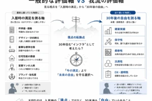 ハウスメーカーを評価する物差しの転換を表した比較図。左側には価格・性能数値・デザイン・営業人柄という「入居時の満足を測る古い物差し」、右側には建築実績・保守性・柔軟性・汎用性・DX透明性という「30年後の自由を測る新しい物差し」を配置。中央には「家を人生のインフラとして考えたら？」という視点の転換点を描いた図解。