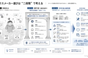ハウスメーカー選びの二段階の考え方を示す図解。情報洪水から最低条件で絞り込み、次に30年後の納得感や未来の自由を視点に比較するプロセスを説明しています。