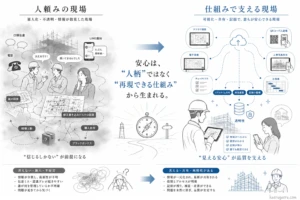 ハウスメーカー選びにおける「人頼みの現場」と「仕組みで支える現場」の違いを比較した図解。言った言わないのすれ違いが起きやすいアナログな現場と、クラウド図面や電子黒板で情報が可変・一元管理される現場を対比し、「安心は人柄ではなく再現できる仕組みから生まれる」という本質を説明する画像。