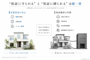 長期保証の安心面と、指定工事や専用部材により将来の選択肢が縛られるリスクを対比した図。安心と引き換えに修繕先がメーカーに固定されることを、鎖で繋がれた家のイラストで表現しています。