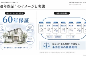 「60年保証」のイメージと実態の比較図。施主が抱く「無料で長期サポート」という理想に対し、実際は定期的な点検と有償修繕を条件に保証を更新し続ける「条件付きの継続契約」であることをフロー図で解説しています。