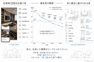30年間の入居期間における「家づくりの満足度の推移」を比較した線グラフ。入居時120点の家（注文住宅・フル装備）は年数経過とともにライフスタイルの変化で満足度が右肩下がりに落ちるのに対し、あえて余白を残した家は30年間ずっと70点から90点の高い満足度を維持し続けることを可視化したグラフ。下部に「家は、完成した瞬間がピークじゃなくていい。」のキャッチコピー。