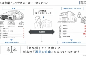 中古の輸入車維持における不自由さと、大手ハウスメーカーの「独自工法・オリジナル部材」によるロックイン構造の共通点を比較した図解。 左側には「外車の悲劇」として、認定ディーラーでしか直せない不自由、一般の町工場では修理NG、専用パーツが高額であるリスクを記載。 右側には「大手ハウスメーカーのロックイン構造」として、独自工法により他社（地元の工務店など）が触れない不自由、リフォームの選択肢が限定、専用部材だらけで交換が困難・高額であるリスクを記載。 結論として、新築時の品質は高くても、将来の修理やリフォームを託す自由を奪う「不自由な壁」になるリスクを説明している。